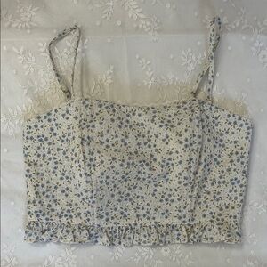 Floral Crop Top with Lace Trim Blue and Cream